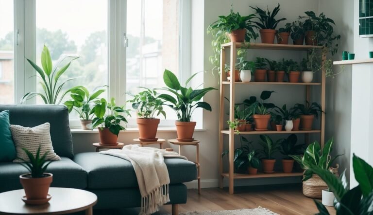 Cozy living room with a sofa, window, and many potted plants