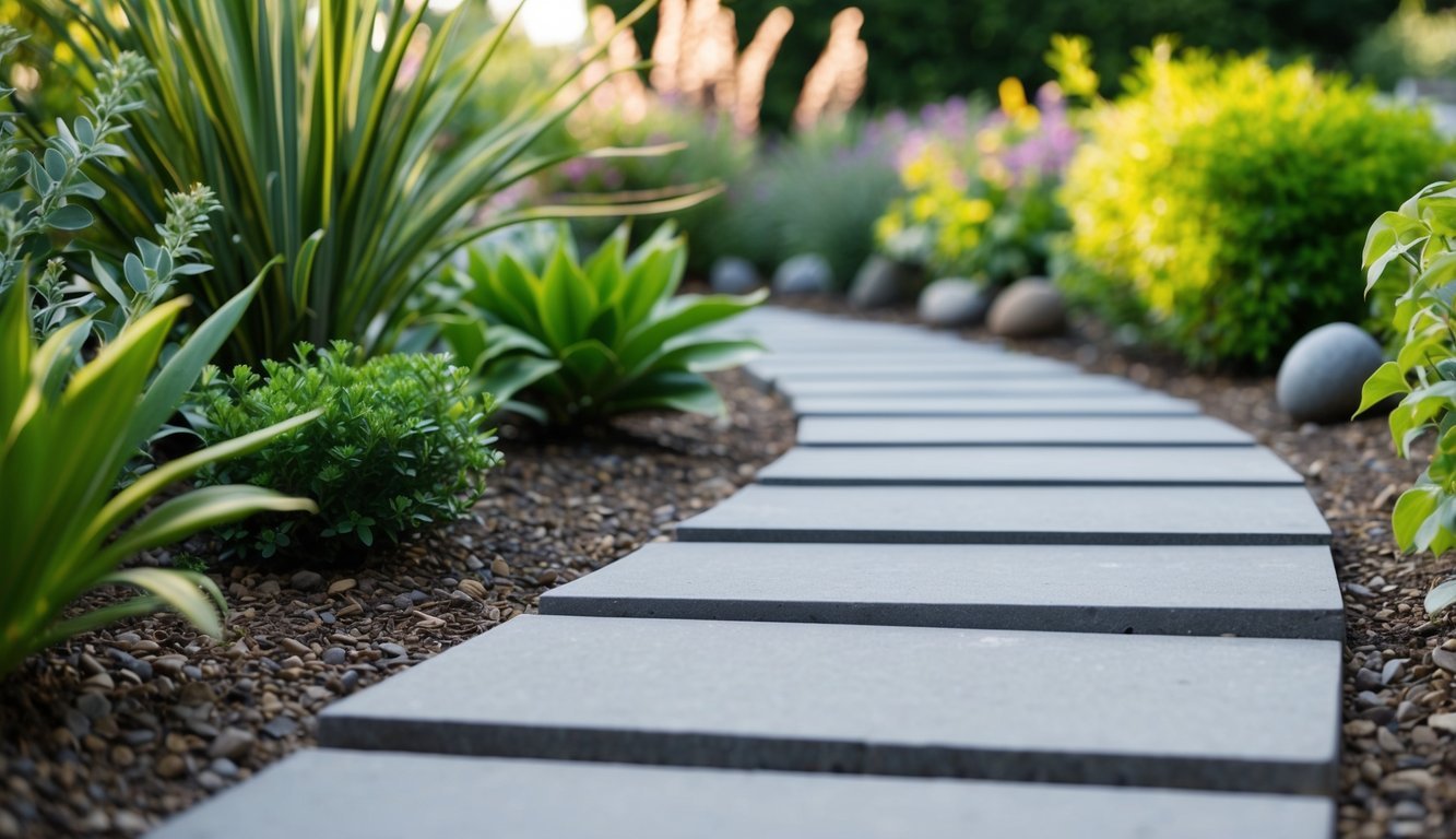 A garden path lined with neatly arranged stones, leading to a low-maintenance ornamental garden with defined edges and carefully selected plants