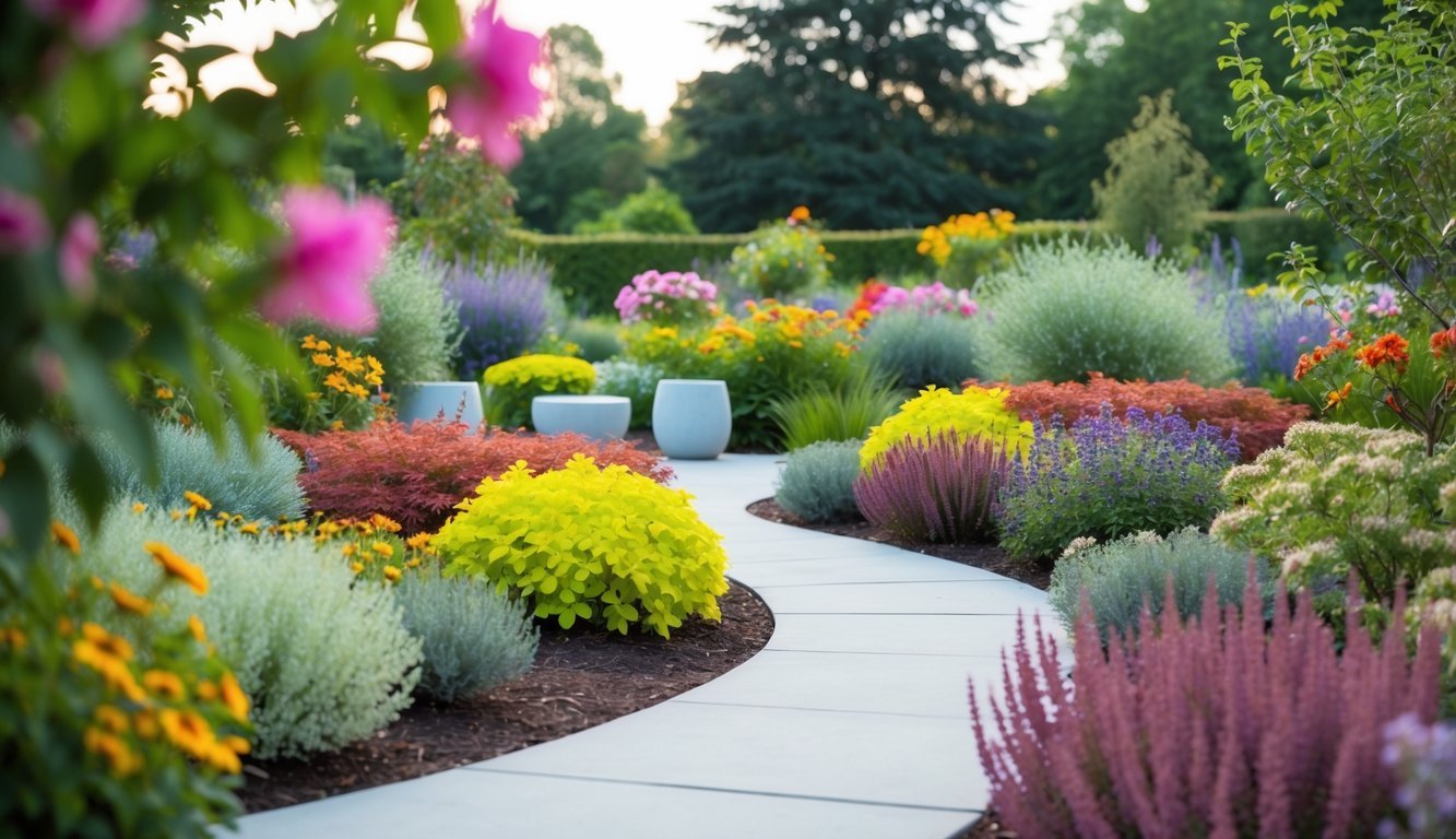 A serene garden with colorful, low-maintenance flowers and shrubs arranged in a harmonious design, with pathways and seating areas for relaxation