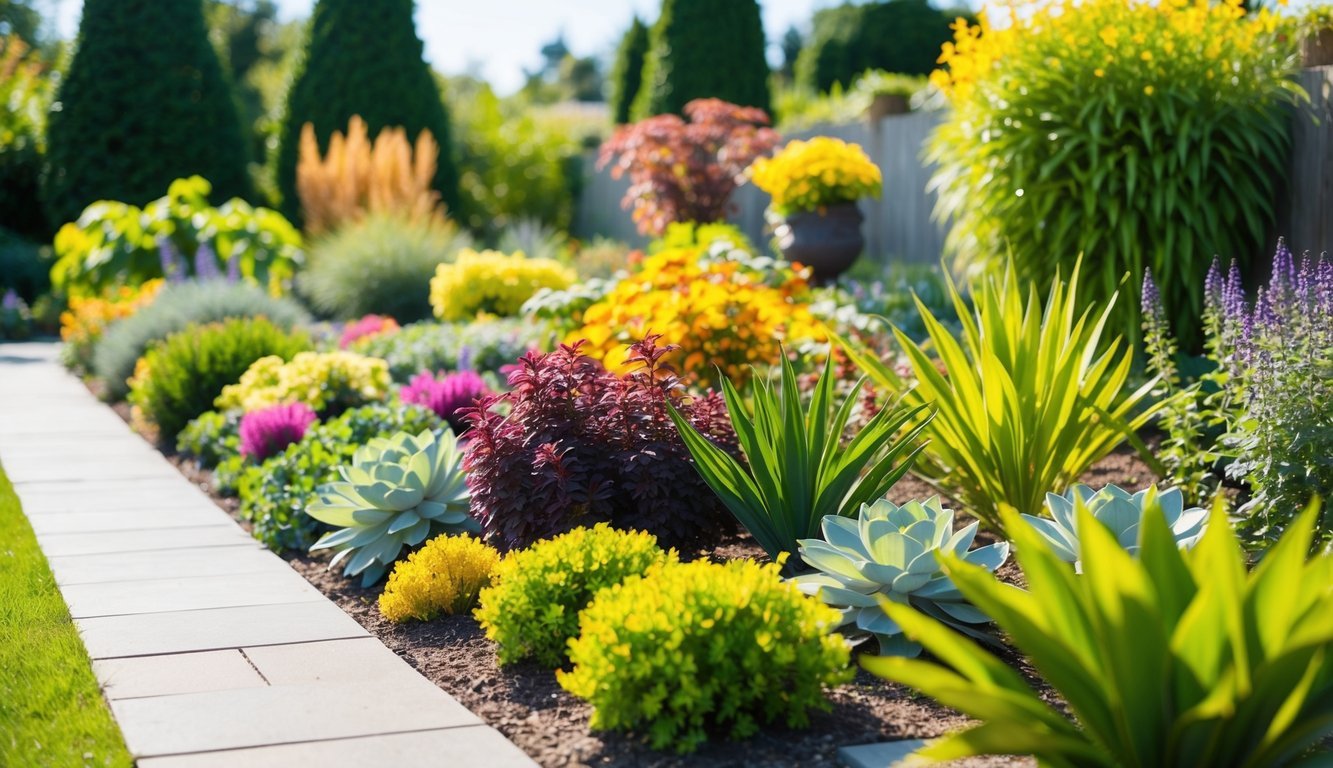 A sunny garden with a variety of colorful, low-maintenance plants arranged in a pleasing design, surrounded by pathways and decorative elements