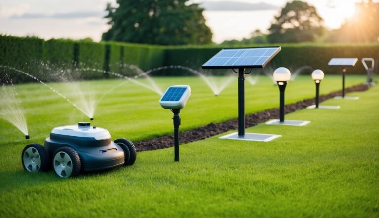 Robotic lawnmower and solar panels on a green lawn with sprinklers