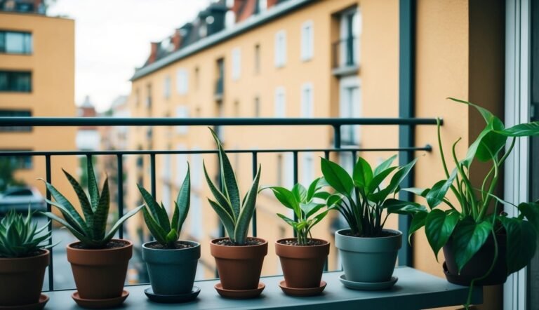 Potted plants on a balcony with a city building background
