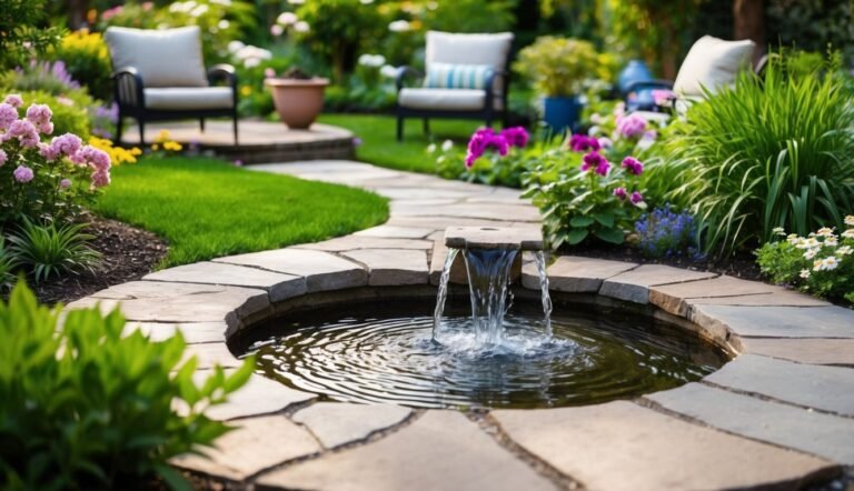 Stone pathway leads to a small pond with a waterfall, surrounded by flowers