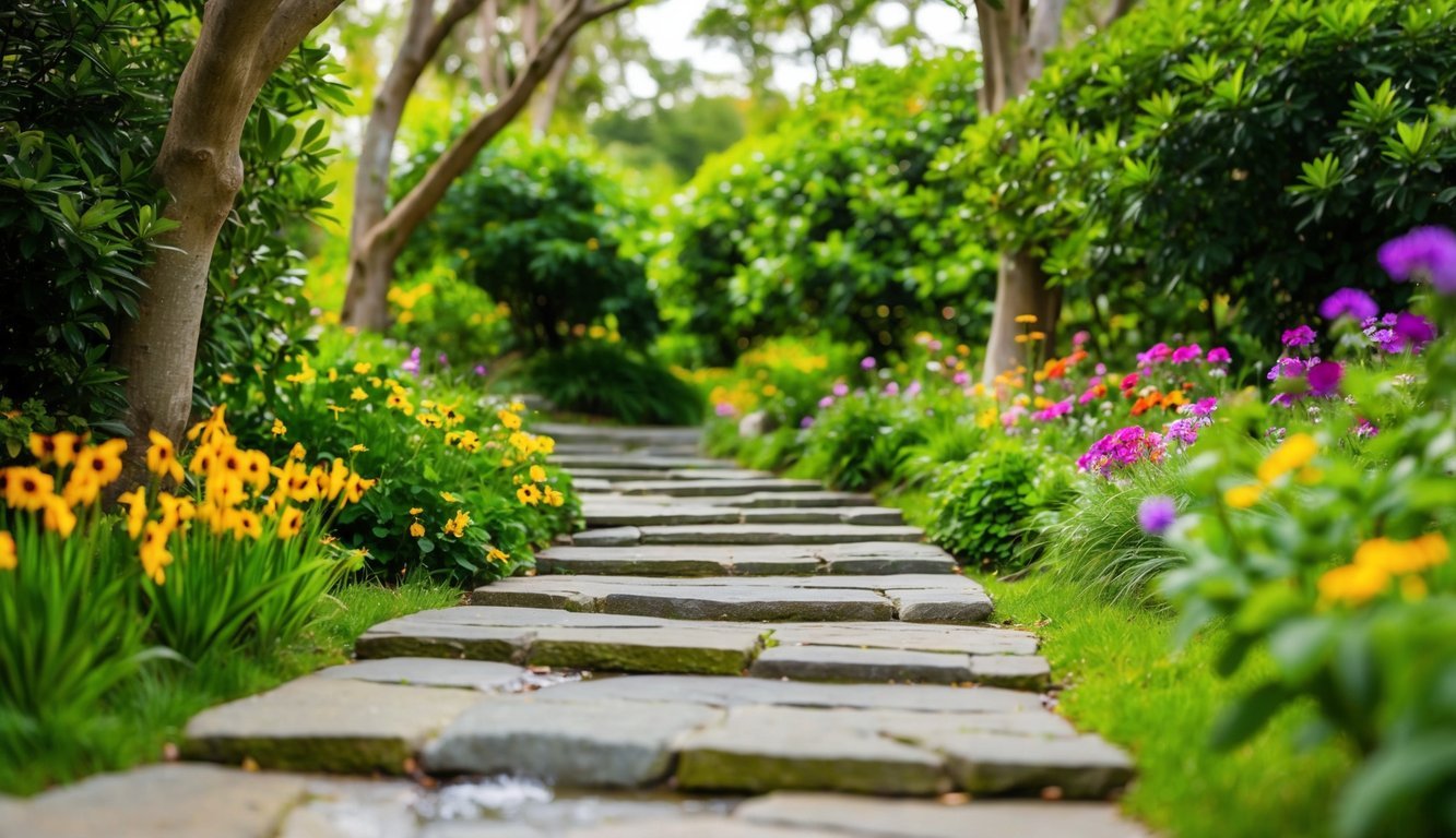 A winding stone path leads through lush greenery and colorful flowers, bordered by gently swaying trees and the sound of trickling water