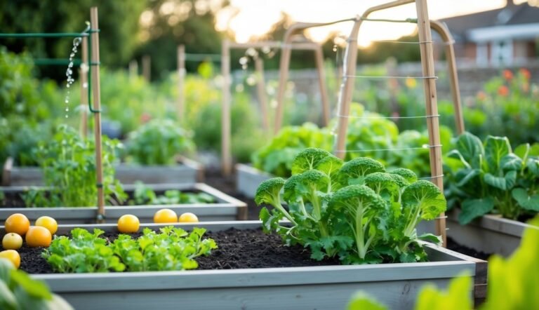 Raised garden beds with various vegetables and fruits growing