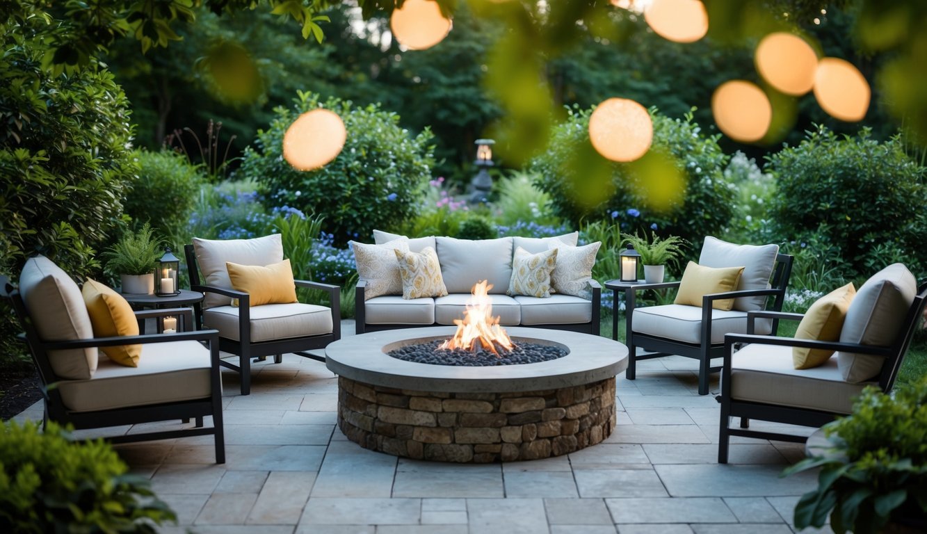 A tranquil garden with plush seating arranged around a stone fire pit, surrounded by lush greenery and soft lighting
