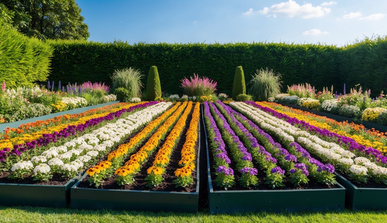 A large garden bed filled with colorful ornamental flowers, arranged in neat rows and surrounded by lush green foliage, with a clear blue sky overhead