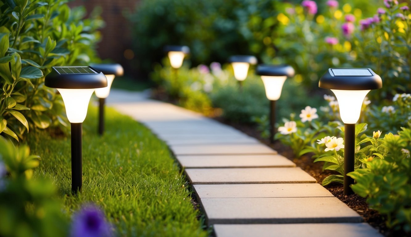 A peaceful garden with solar-powered lights illuminating a path, surrounded by lush greenery and blooming flowers