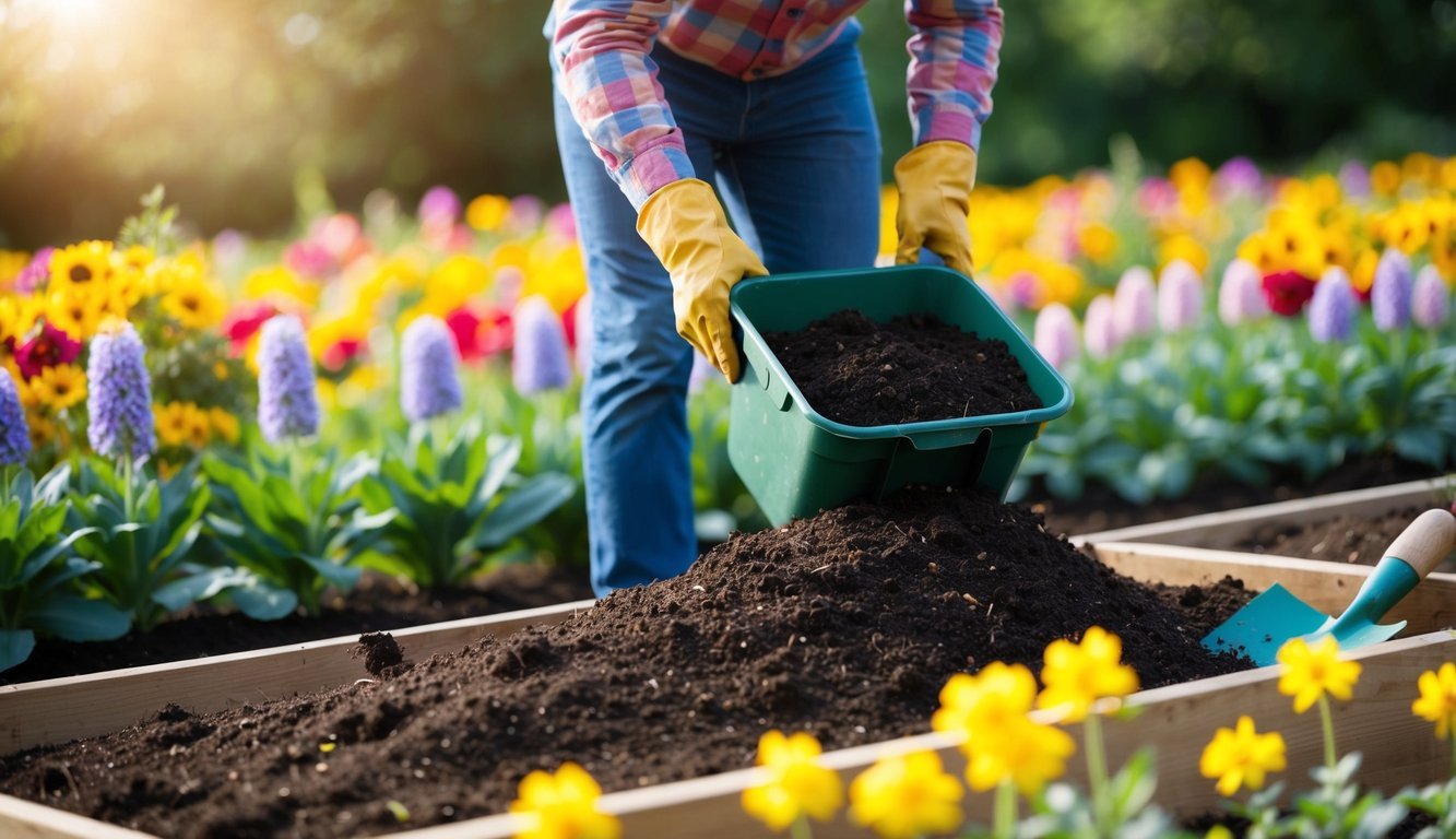 A person adding compost to a large flower bed, surrounded by colorful ornamental flowers and gardening tools