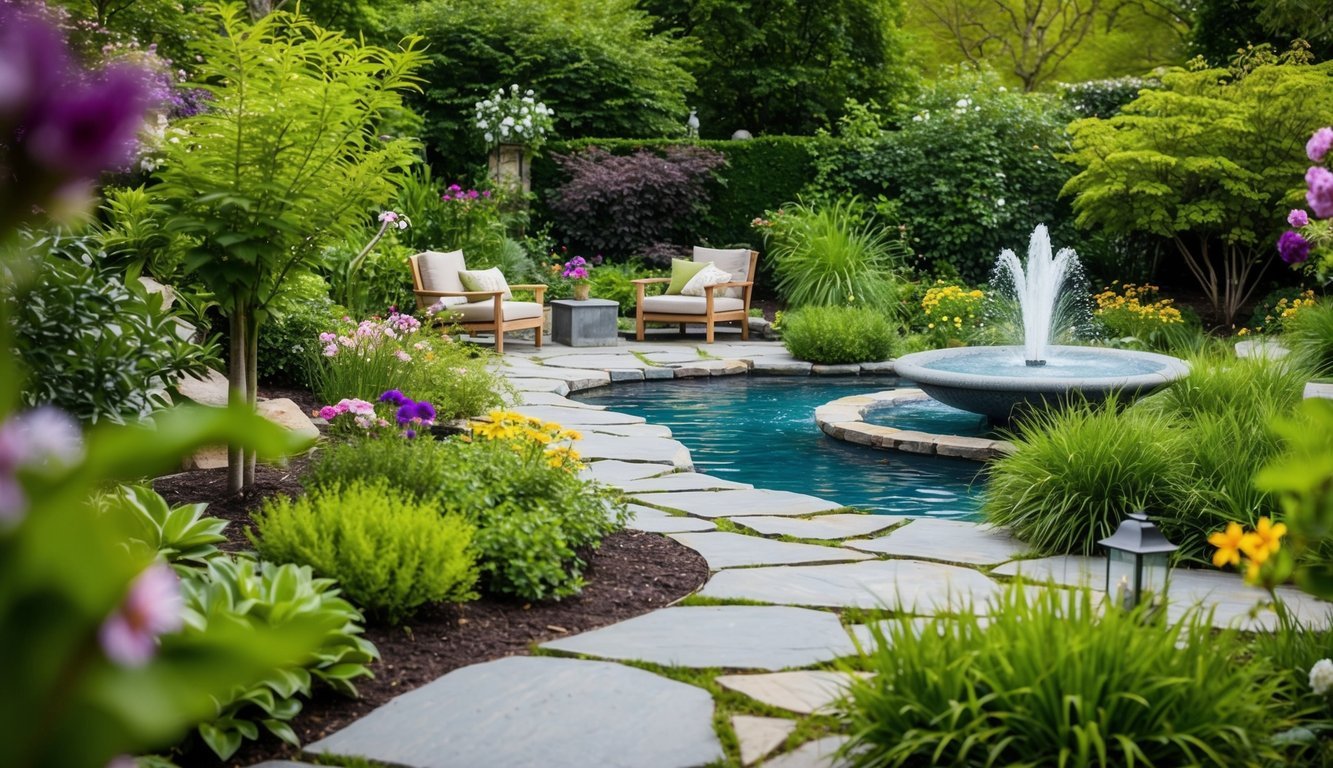 A tranquil garden with a winding stone path, lush greenery, a bubbling fountain, and cozy seating areas nestled among blooming flowers