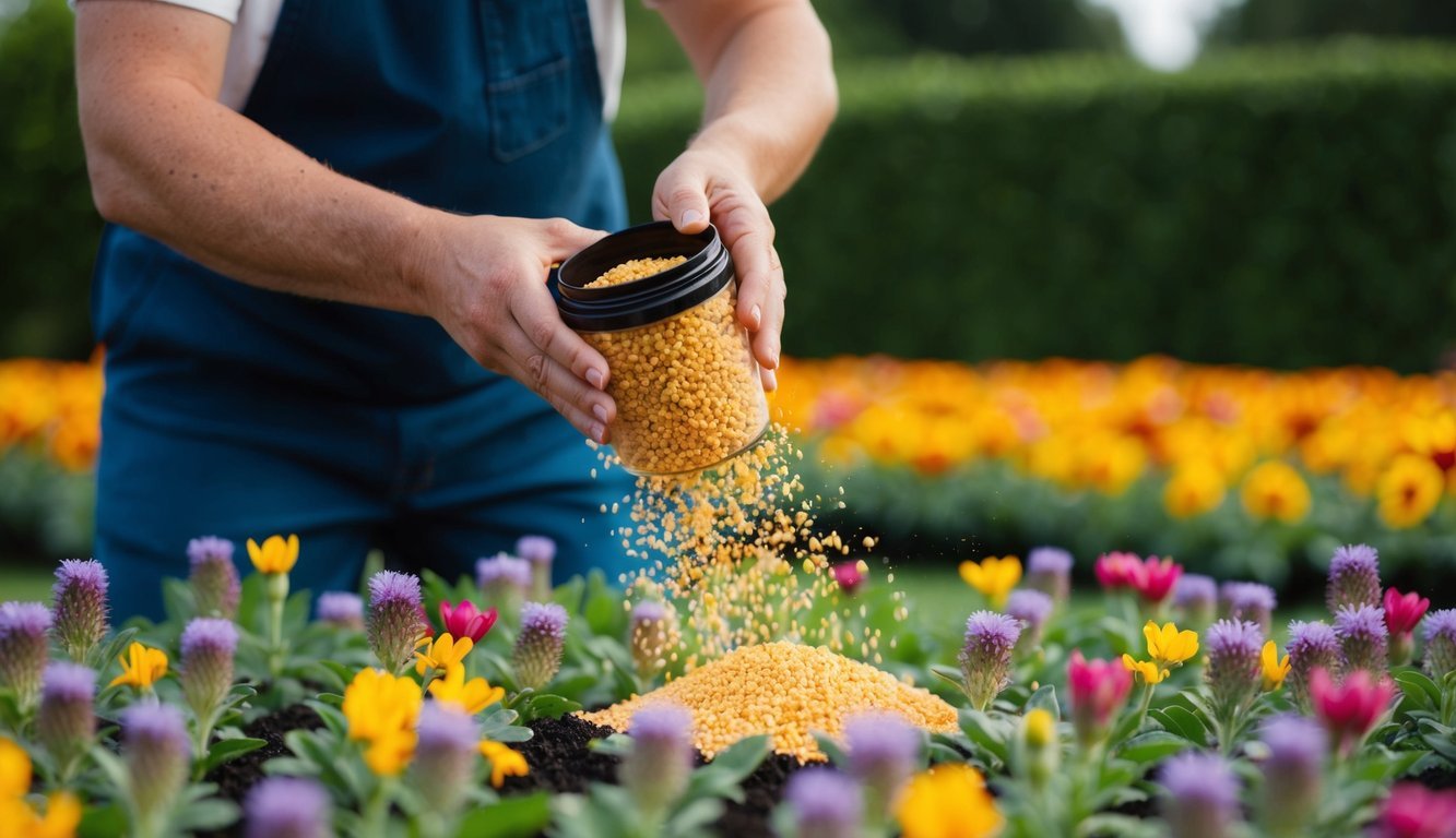 A person sprinkles balanced fertilizer on a bed of ornamental flowers