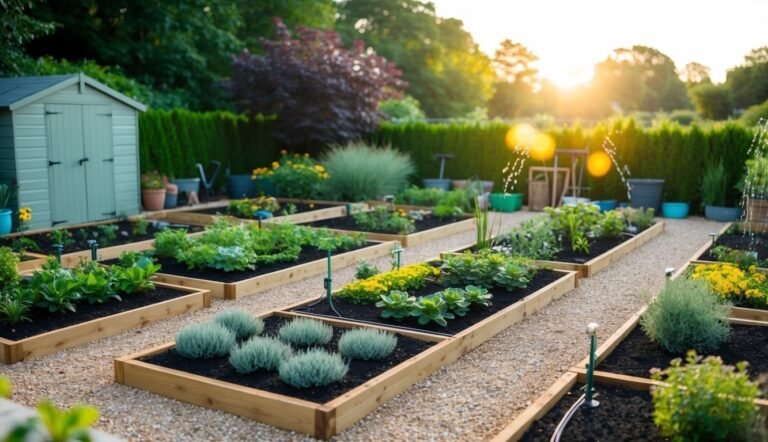 Raised garden beds with various plants, shed, and gravel pathways at sunset