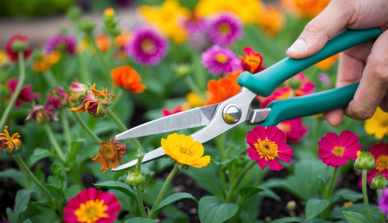 A pair of gardening shears snipping off withered flowers, surrounded by vibrant, healthy blooms in a large garden bed