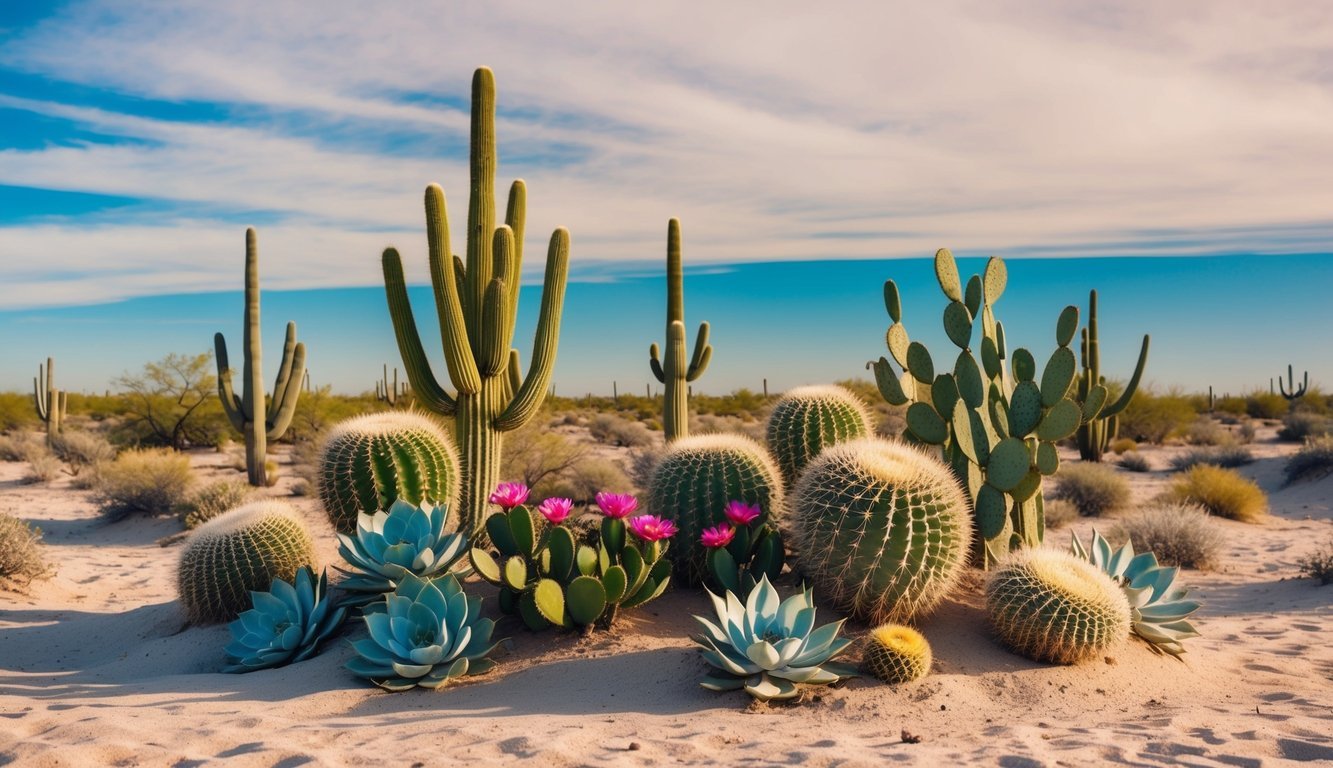 A desert landscape with cacti, succulents, and drought-resistant flowers thriving in sandy soil under a bright, cloudless sky