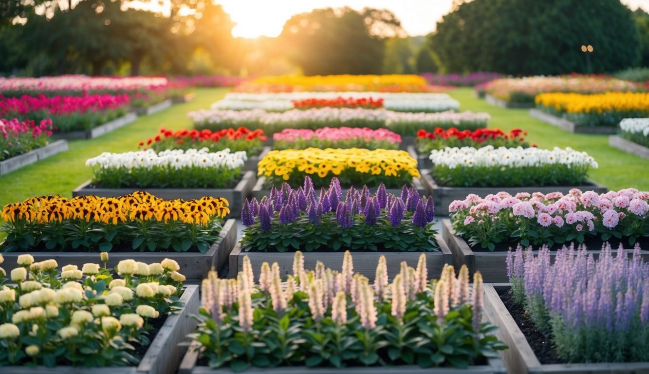 A large flower bed with seven distinct sections, each showcasing a different variety of ornamental flowers in full bloom