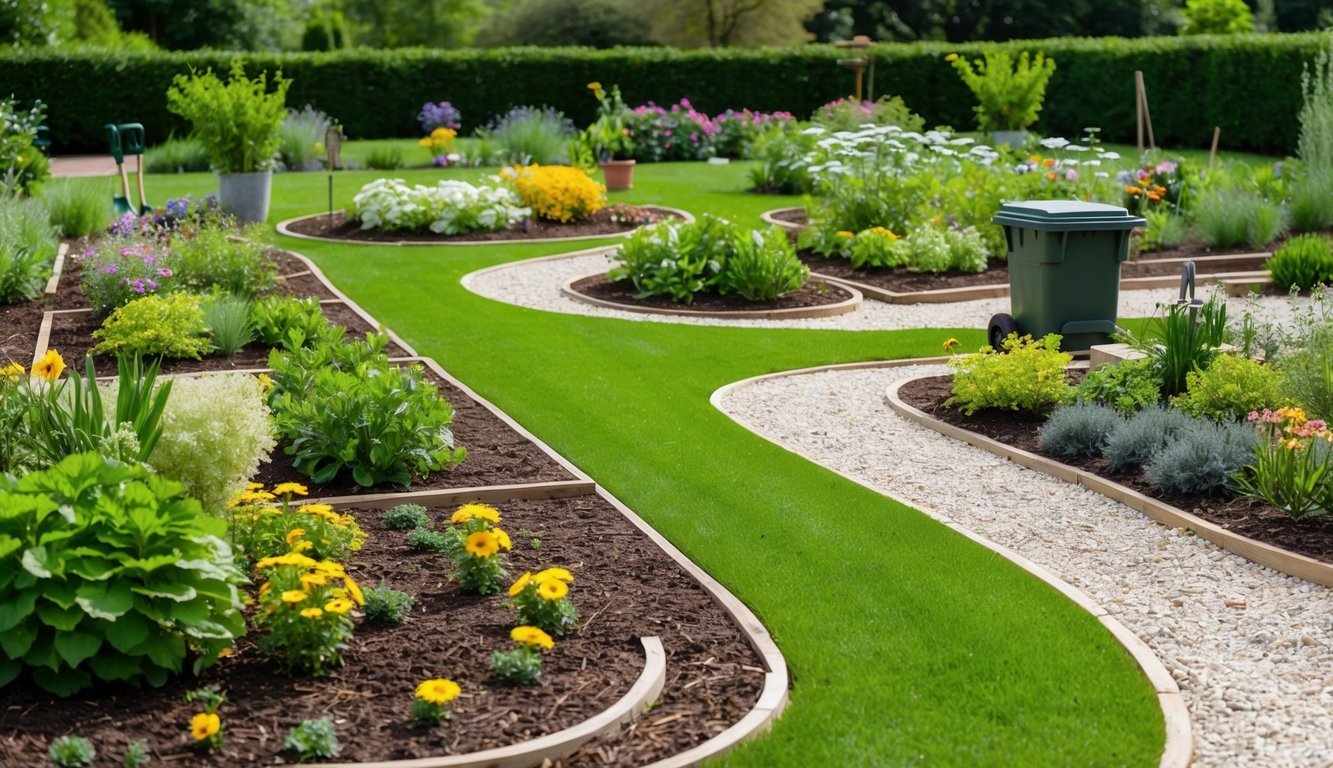 A large garden with neatly mulched beds, a winding path, and a variety of plants and flowers.</p><p>A gardener's tools and a compost bin are strategically placed for easy access