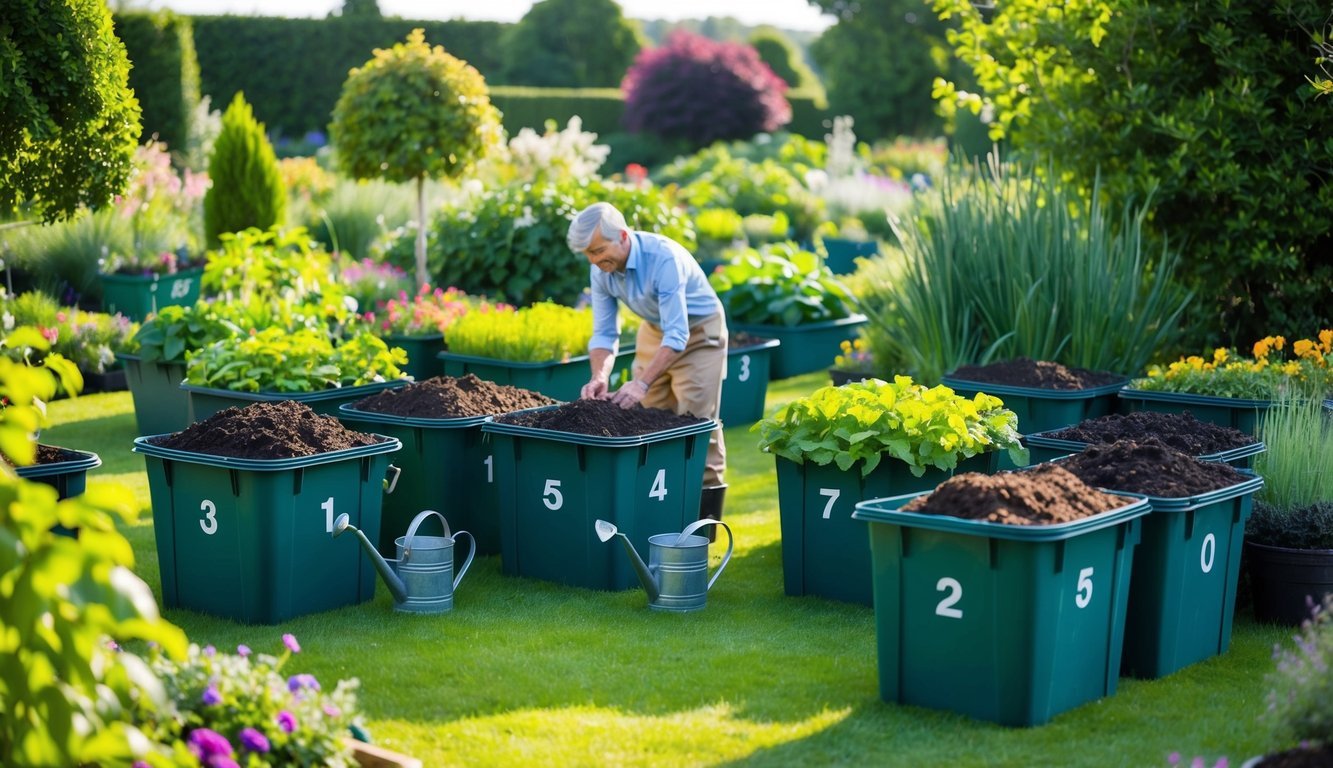 A lush, sprawling garden with neatly organized compost bins, labeled with numbers 1-10.</p><p>A gardener effortlessly tends to the vibrant plants, surrounded by tools and a watering can