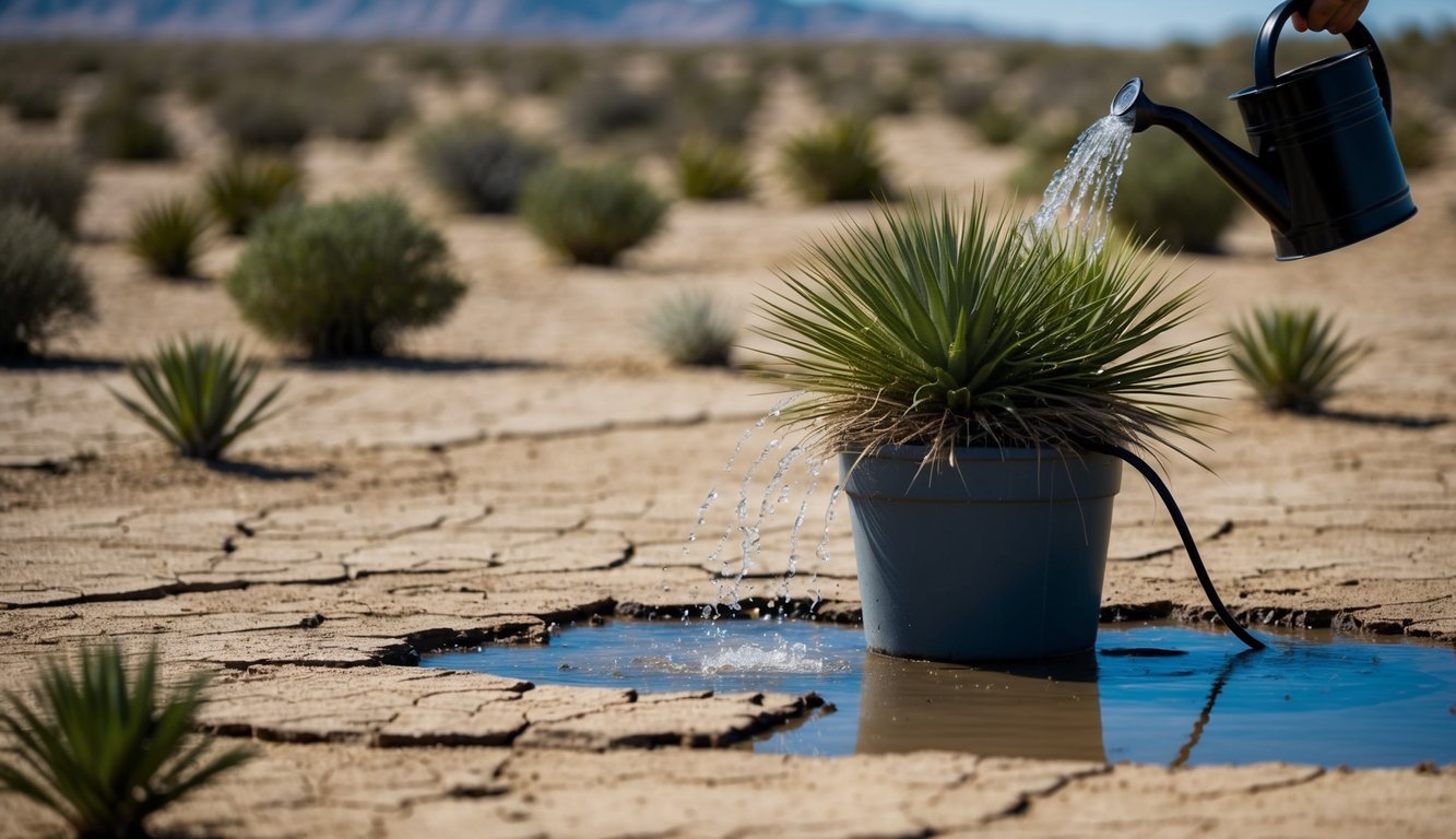 A desert landscape with sparse, drought-resistant plants receiving deep, infrequent watering.</p><p>The soil is dry and cracked, with a watering can or drip system in use