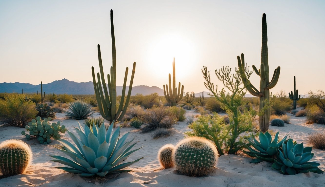 A desert landscape with cacti, succulents, and other low-water plants thriving in sandy soil under a bright sun