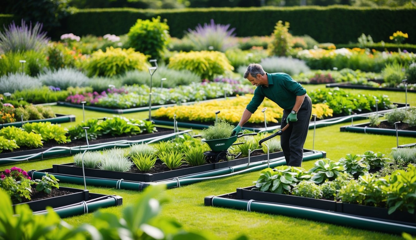 A sprawling garden with neatly organized beds, a variety of plants, and efficient irrigation systems.</p><p>A gardener effortlessly tends to the lush greenery, using tools and techniques from the journal