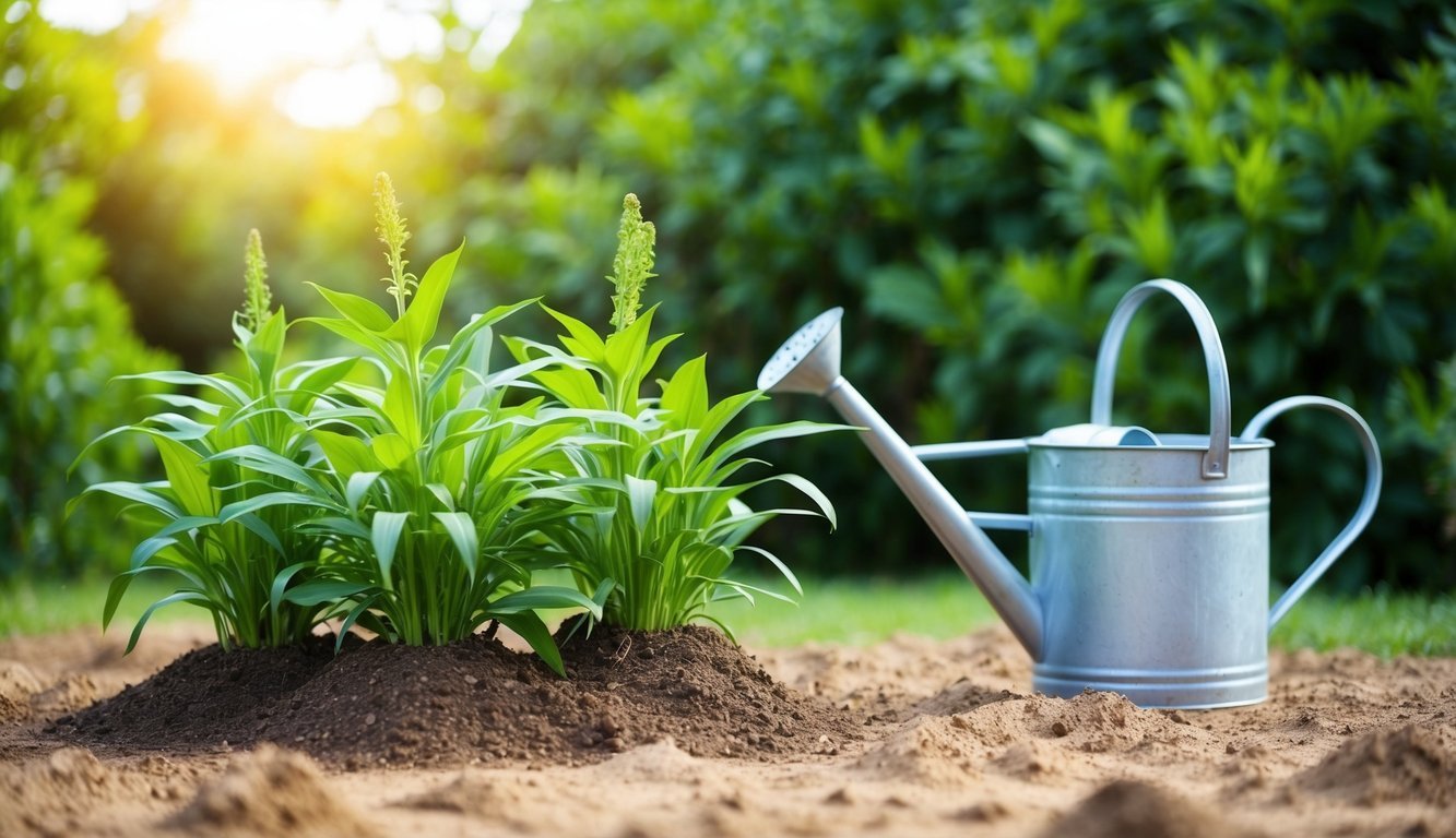 Lush green plants in dry soil, with a watering can nearby