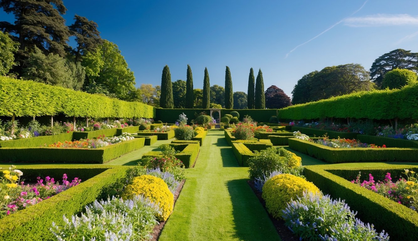 A sprawling garden filled with lush, colorful flowers and neatly trimmed hedges, surrounded by towering trees and a clear blue sky