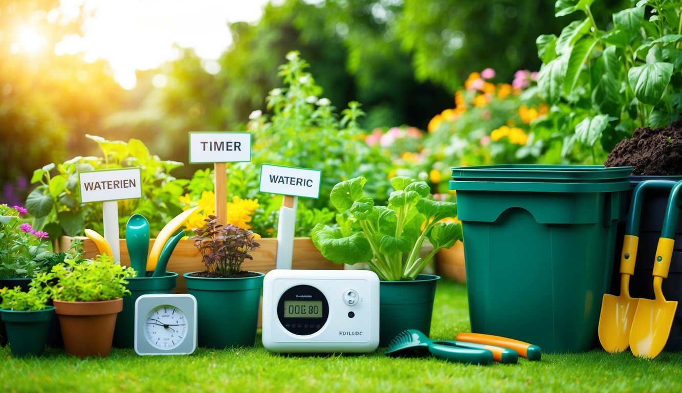 A neatly organized garden with labeled plants and tools, a timer set up for watering, and a compost bin for easy maintenance