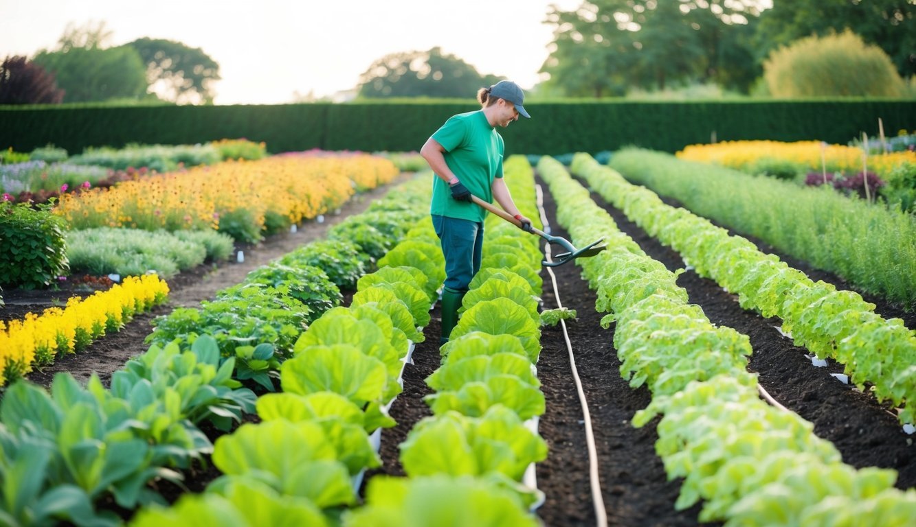 A garden with multiple rows of plants at various stages of growth, showcasing the concept of succession planting.</p><p>A gardener efficiently managing a large garden with ease