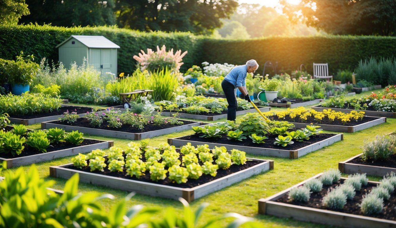 A sprawling garden with neatly arranged beds, a variety of plants, and a small shed for tools.</p><p>A person could be seen tending to the garden, following the 10 tips for managing a large garden with ease