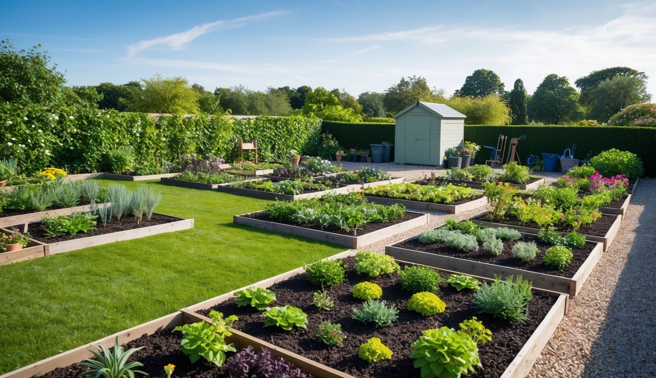 A sprawling garden with neatly organized beds, a variety of plants, and a clear pathway for easy access and maintenance.</p><p>A small shed and gardening tools are visible in the background