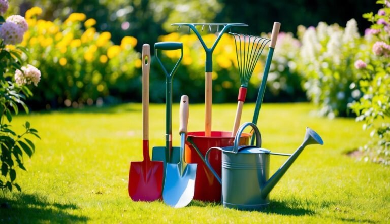 Garden tools, including shovels, rakes, and watering can, on green grass