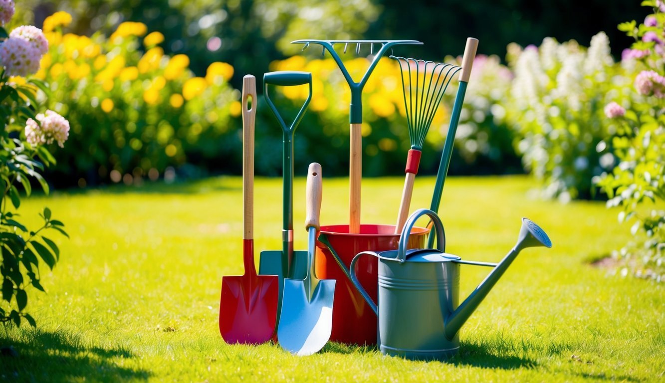 A rake, shovel, hoe, trowel, and watering can arranged neatly in a sunlit garden, surrounded by blooming flowers and lush greenery