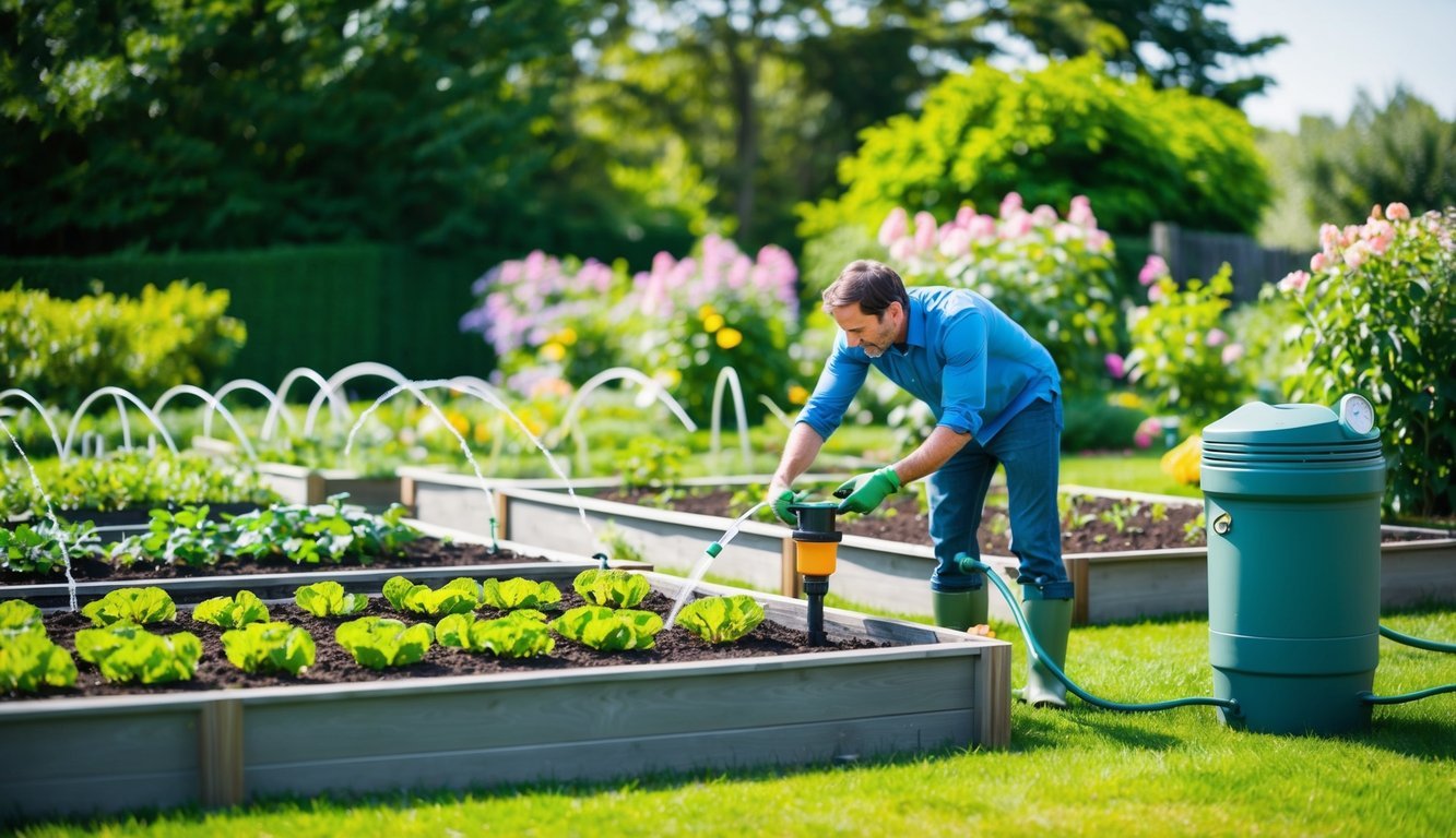 A large garden with raised beds and drip irrigation, surrounded by lush greenery and blooming flowers.</p><p>A gardener adjusts the water flow, while a timer and rain barrel provide additional support