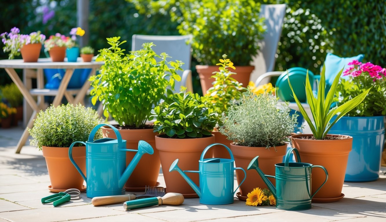 A variety of low-maintenance plants in pots arranged on a sunny patio, surrounded by gardening tools and watering cans