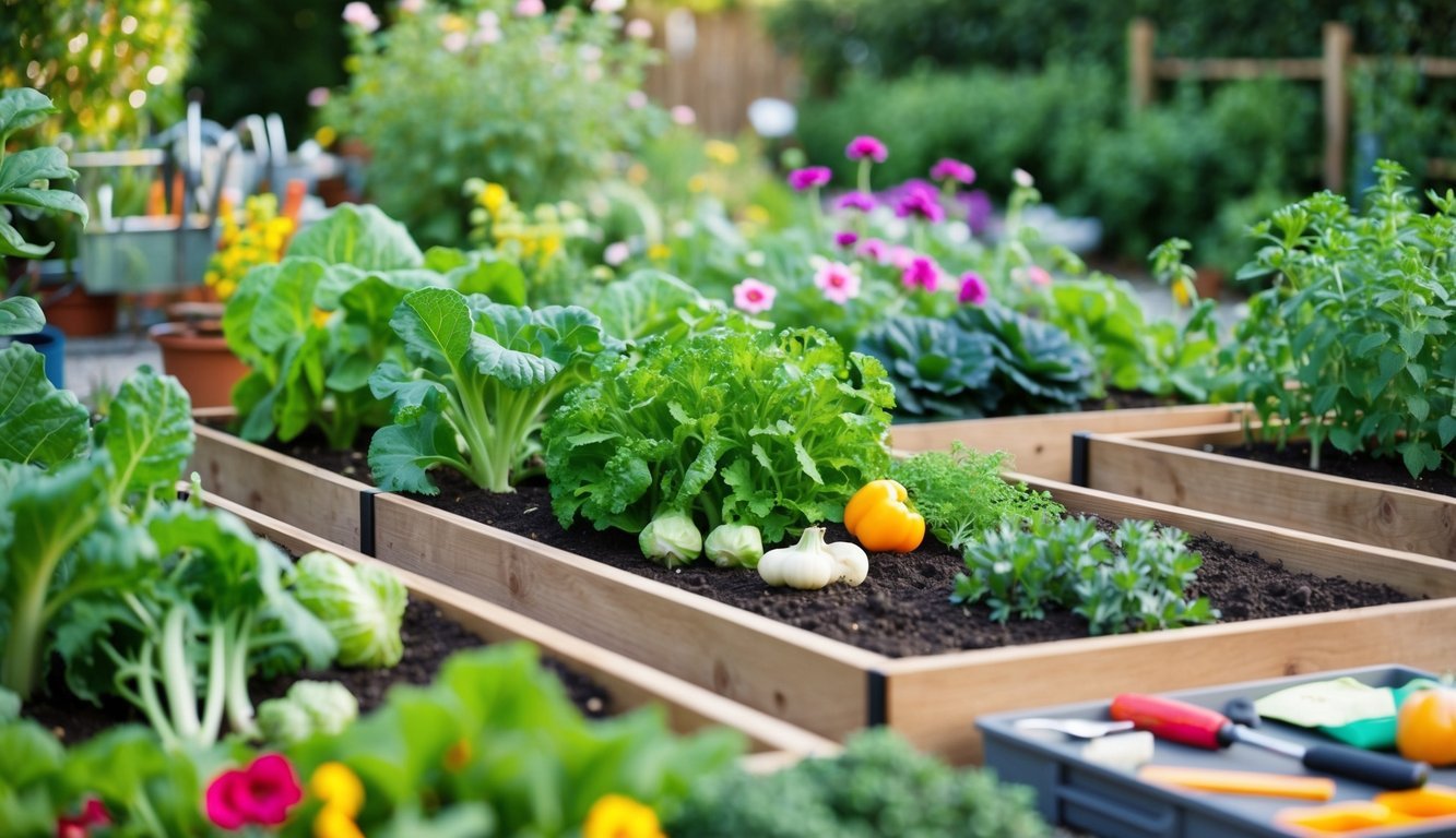 A garden with raised beds, filled with various vegetables and flowers.</p><p>Tools and supplies are neatly organized nearby