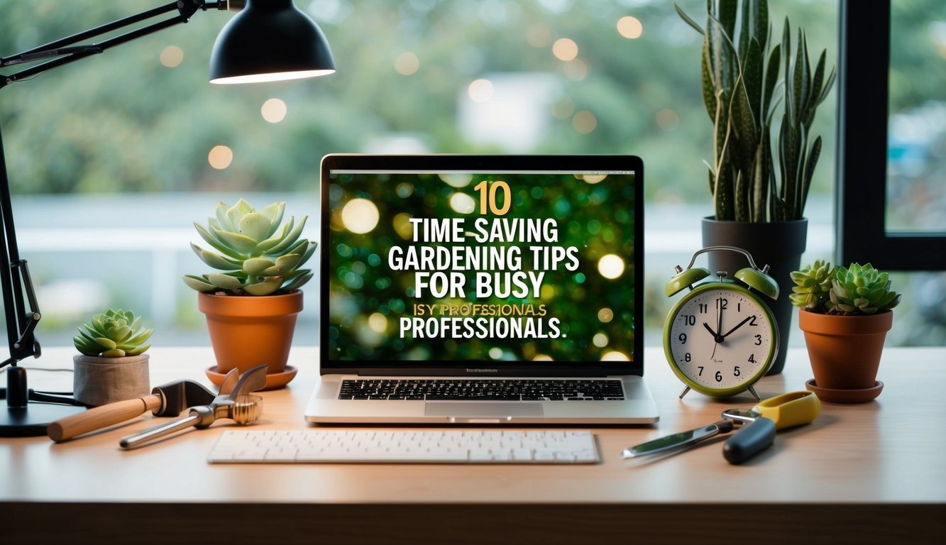 A modern desk with succulents, gardening tools, and a clock.</p><p>A laptop shows "10 Time-Saving Gardening Tips for Busy Professionals."