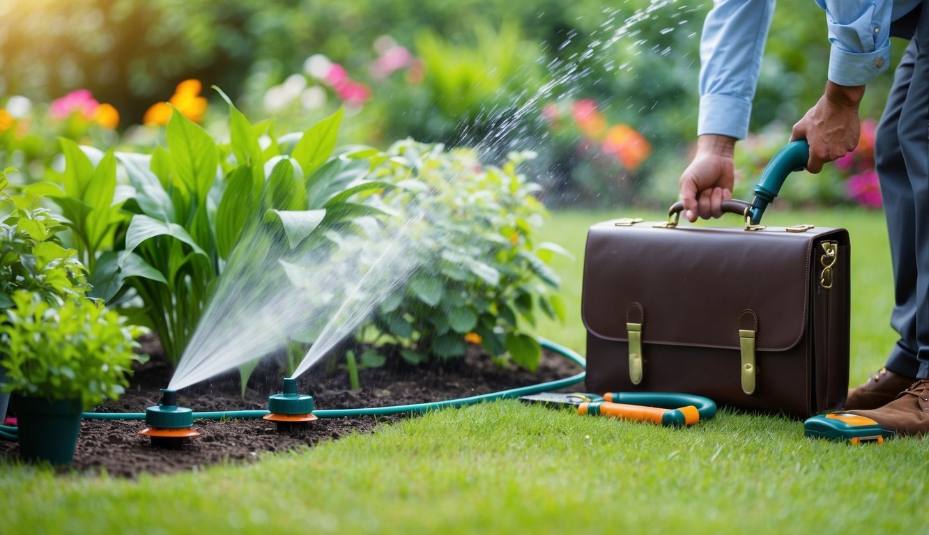 A garden with timed sprinklers watering plants, surrounded by tools and a busy professional's briefcase