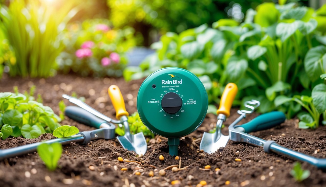 A Rain Bird irrigation timer surrounded by five gardening tools in a lush, well-maintained garden