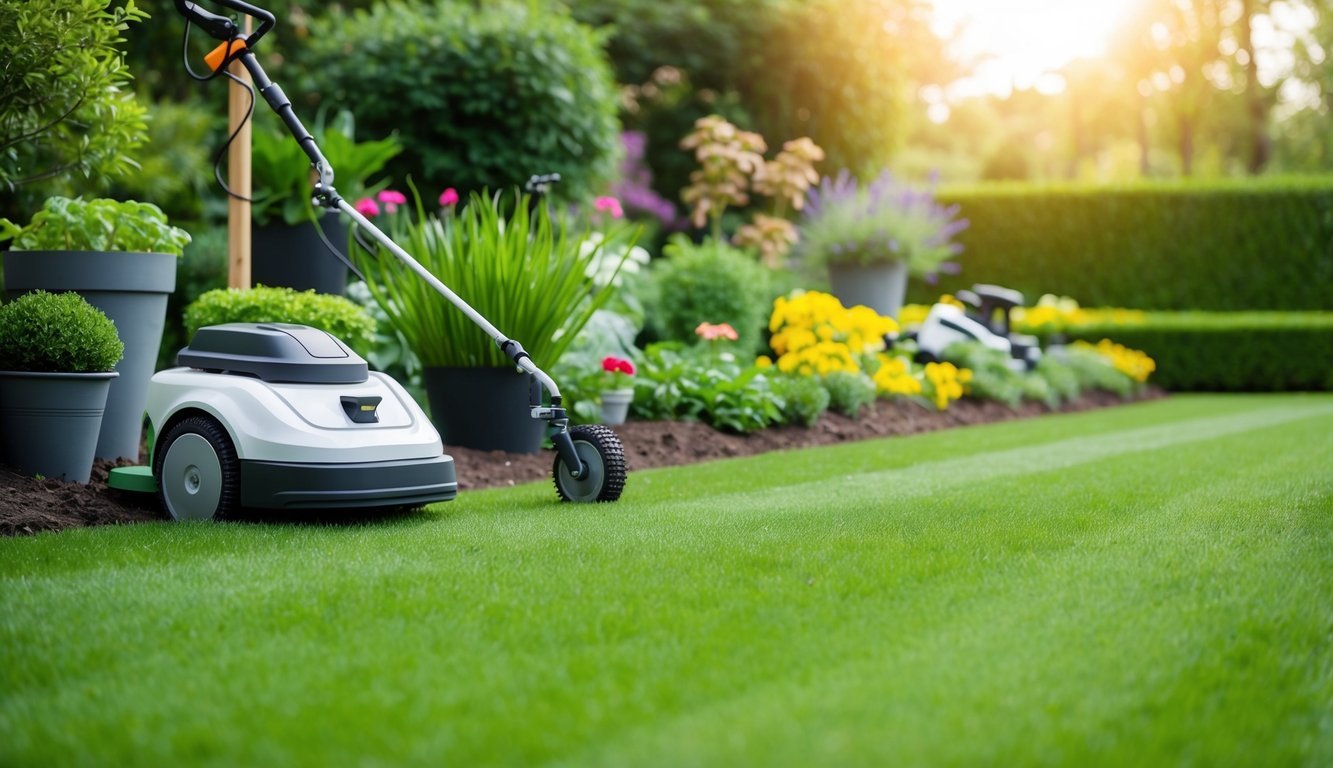 A lush garden with automated tools trimming, watering, and planting, while a robotic lawnmower glides across the neatly manicured lawn