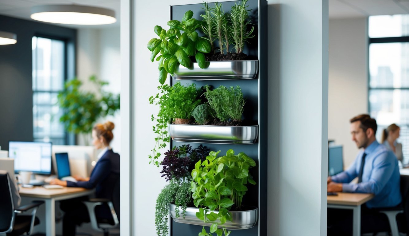 A vertical planter filled with various herbs and flowers, hanging on a wall near a busy professional's office desk