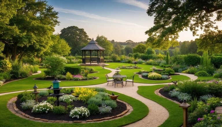 Formal garden with gazebo, winding paths, and flower beds