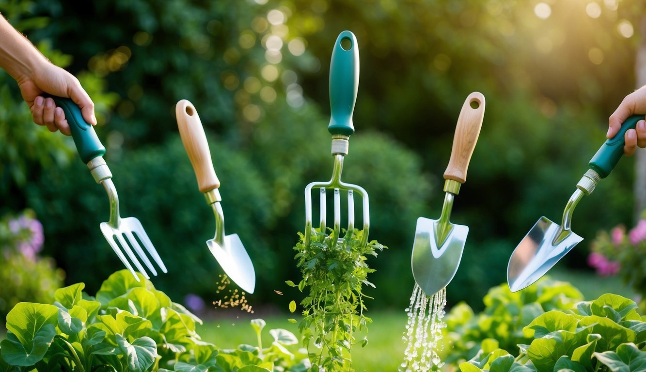 Five gardening tools floating in mid-air, surrounded by lush greenery.</p><p>Each tool is shown effortlessly performing a different gardening task, such as weeding, watering, and planting