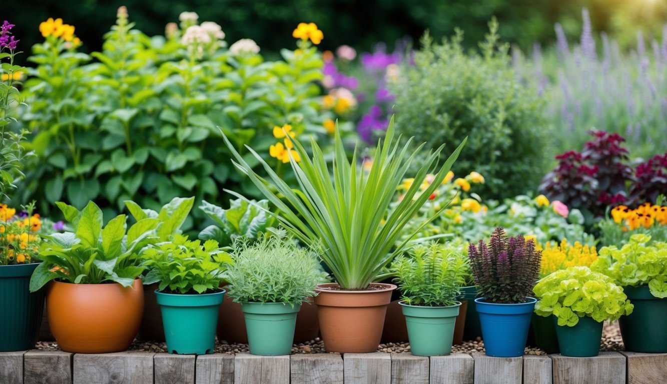 A garden with various plants arranged in companion planting, showcasing efficient use of space and time-saving techniques for busy professionals