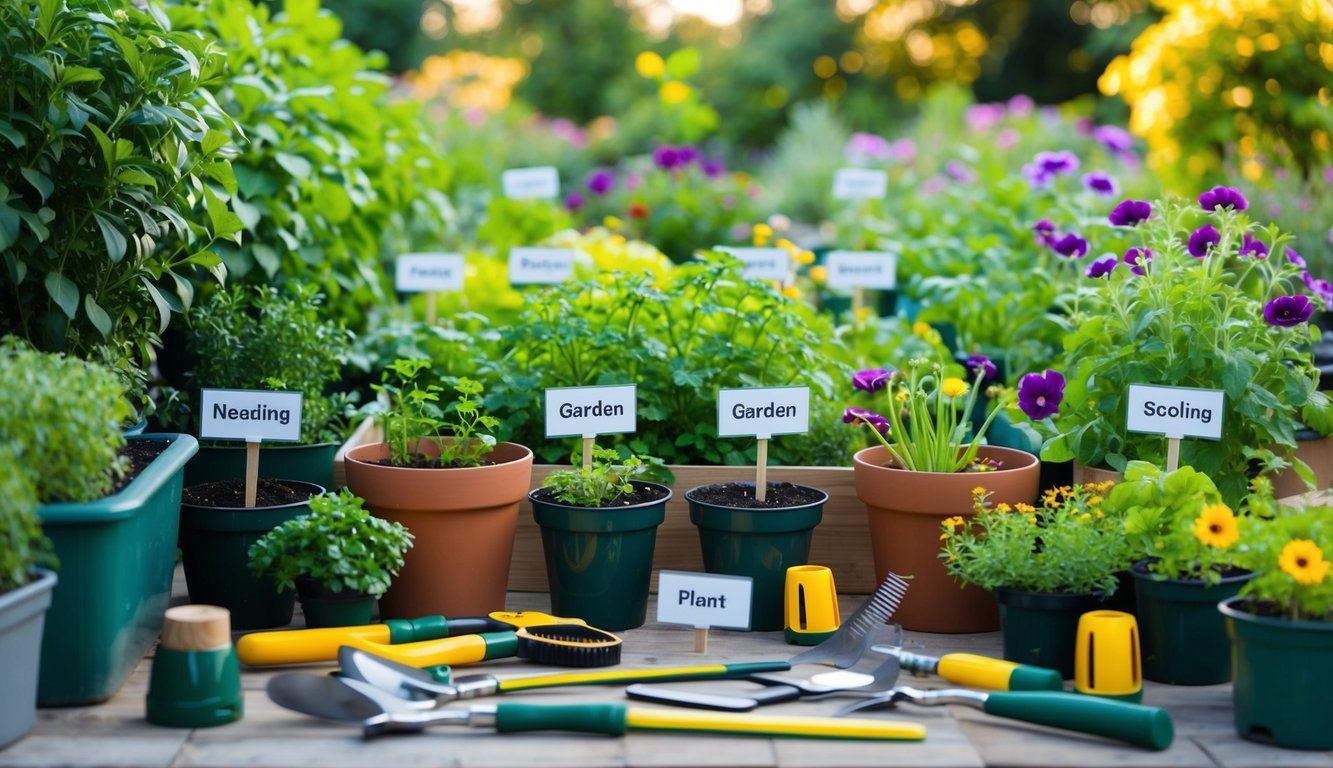 A neatly organized garden with labeled sections for different plant needs, surrounded by time-saving gardening tools and equipment