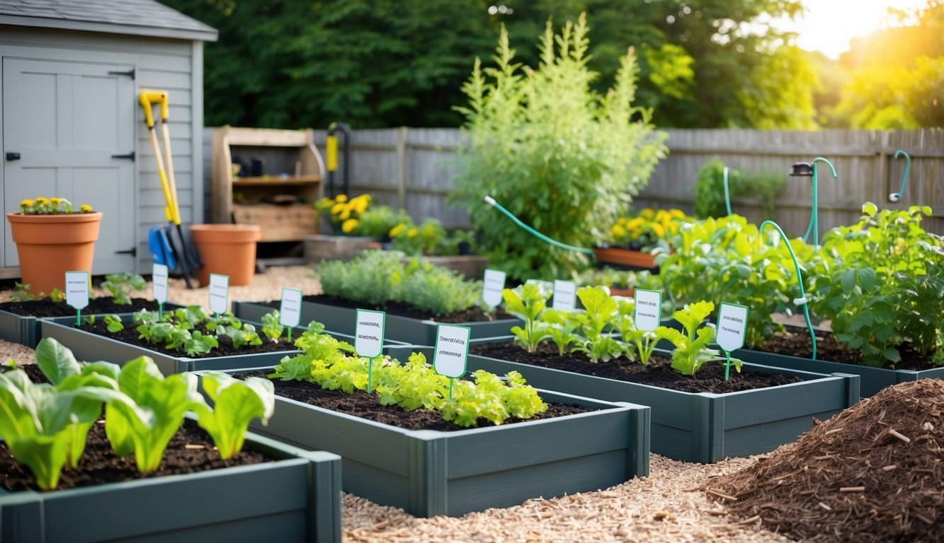 A well-organized garden with raised beds, labeled plants, and efficient irrigation system.</p><p>Tools neatly stored in a shed.</p><p>Compost bin and mulch pile nearby