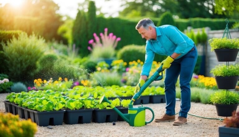 Man watering seedlings in a garden with a green watering can