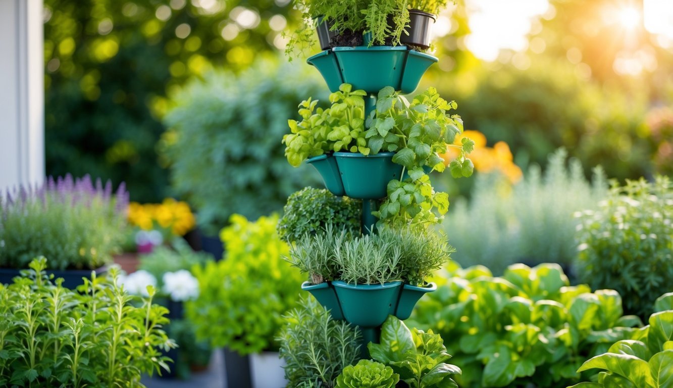A vertical herb garden with 10 innovative gardening hacks, showcasing a professional's time-saving techniques