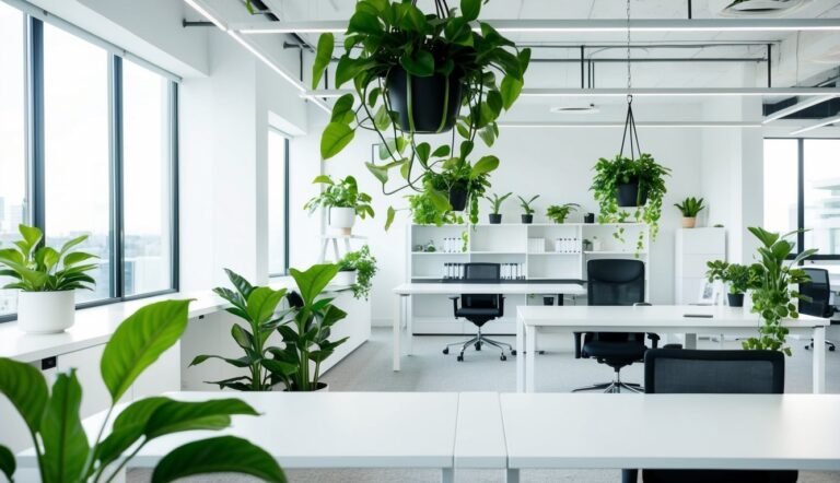 Bright, modern office space with white desks, plants, and large windows