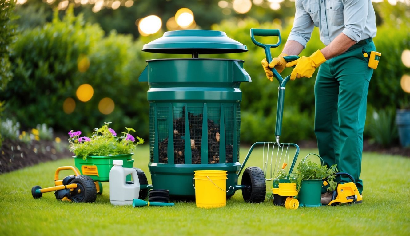 A compost tumbler surrounded by various gardening tools and equipment, with a professional gardener demonstrating smart hacks for efficient gardening