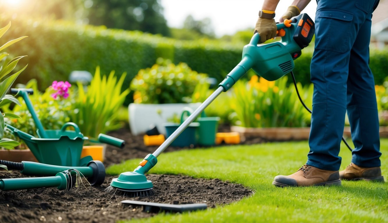 A professional gardener using an electric weeder in a well-maintained garden, surrounded by various smart gardening tools and equipment